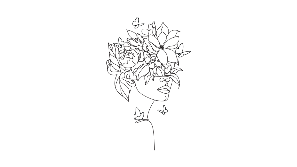 Minimalist line art illustration of a woman's face adorned with blooming flowers and leaves, surrounded by fluttering butterflies, emphasizing natural beauty, elegance, and the harmony between femininity and nature. Minimalist line art illustration of a single woman's face adorned with blooming flowers and leaves, surrounded by fluttering butterflies, emphasizing natural beauty, elegance, and the harmony between femininity and nature. This artwork celebrates single women, highlighting their growth, transformation, and grace through intricate floral details and delicate butterflies.